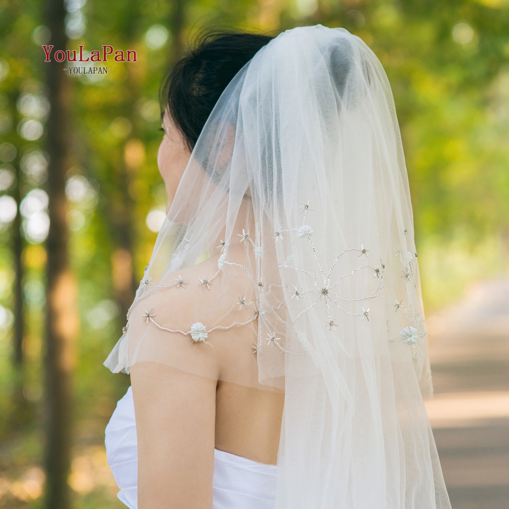 YouLaPan V37 Handmade Wedding Veils With Comb Freshwater Pearl Engagement Veil Trailing Wedding Veil
