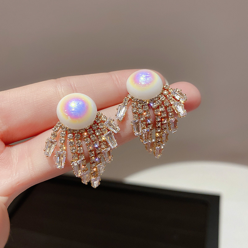 Jewelry 925 silver needle net red temperament design earrings pearl inlaid with diamond zircon Tassel Earrings Korean fashion