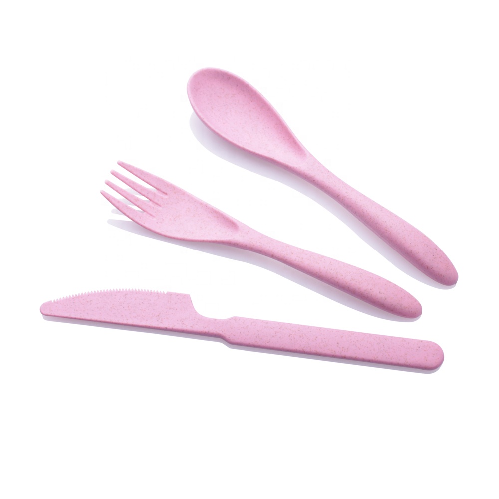 Custom cartoon pattern eco friendly wheat straw cutlery set in box