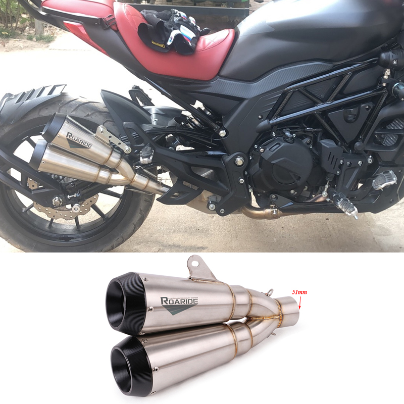 51mm Universal Motorcycle Double Hole Exhaust Muffler Escape Moto Exhaust Motocross Scooter Exhaust For Benelli BJ500 502C 752S