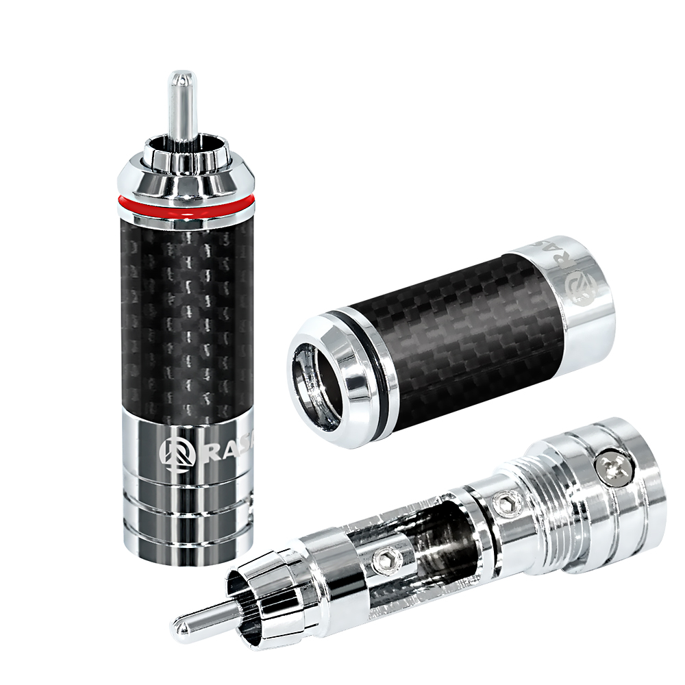 RASANTEK OEM Rhodium plated Copper Carbon Fiber Shell 9mm RCA jack Plug Connector for Audio Video AV coaxial cable