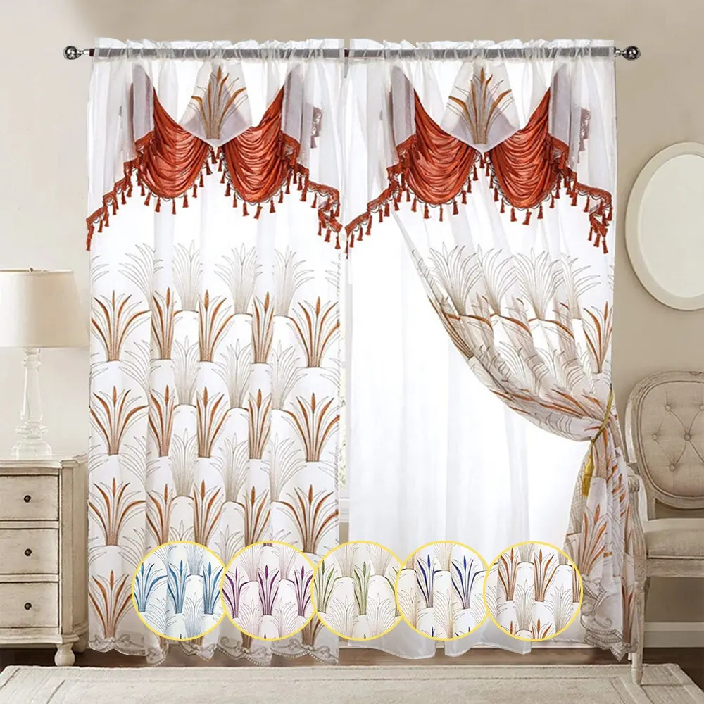 Home living room window cheap beautiful valance curtain embroidered white sheer curtains with backing white blue red gold tulle