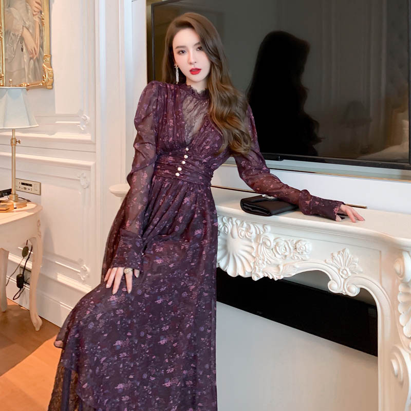 4656 Long Sleeve Chiffon Dresses Vintage Floral Swing Dresses Long Party Dress