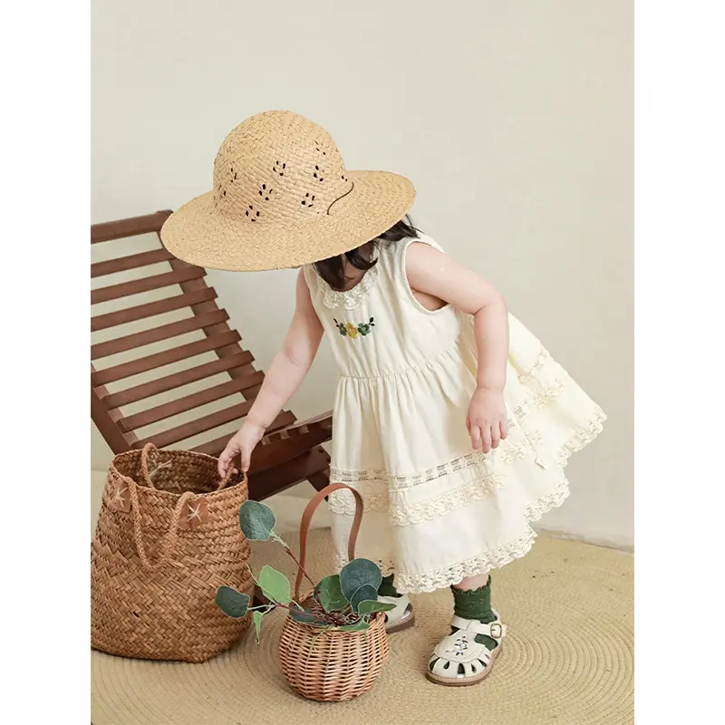 High Quality Beige Summer Baby Girls Dresses Exquisite Flowers Embroidery Wholesale 100%Cotton Kids Girls Dress Clothing