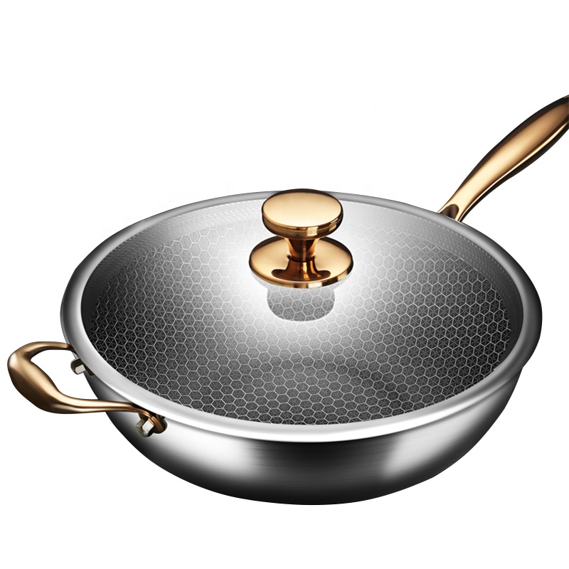 Chinese woks nonstick cookware Stainless Steel Frying Wok Nonstick with Lids Cover Metal Glass Tempered kitchen cookware