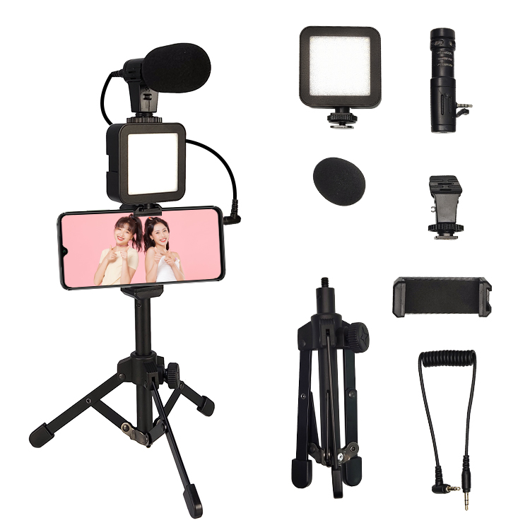 Smartphone Video Kit,Vlogging Kit with Tripod,Grip,Microphone,LED Light and Wireless Remote,for Live broadcast, Interview