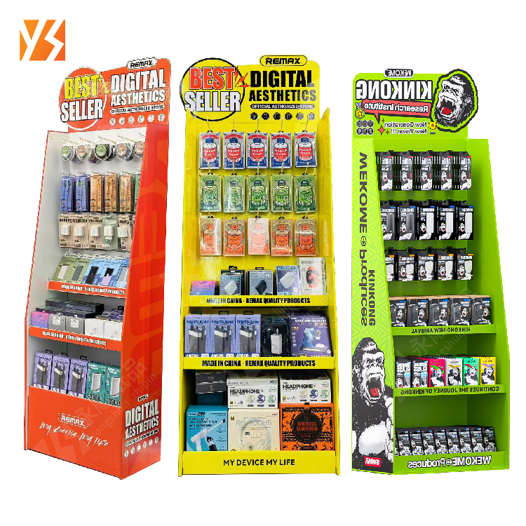 custom phone case cardboard display stand cell phone accessory display rack 3c mobile phone electronic product display stand