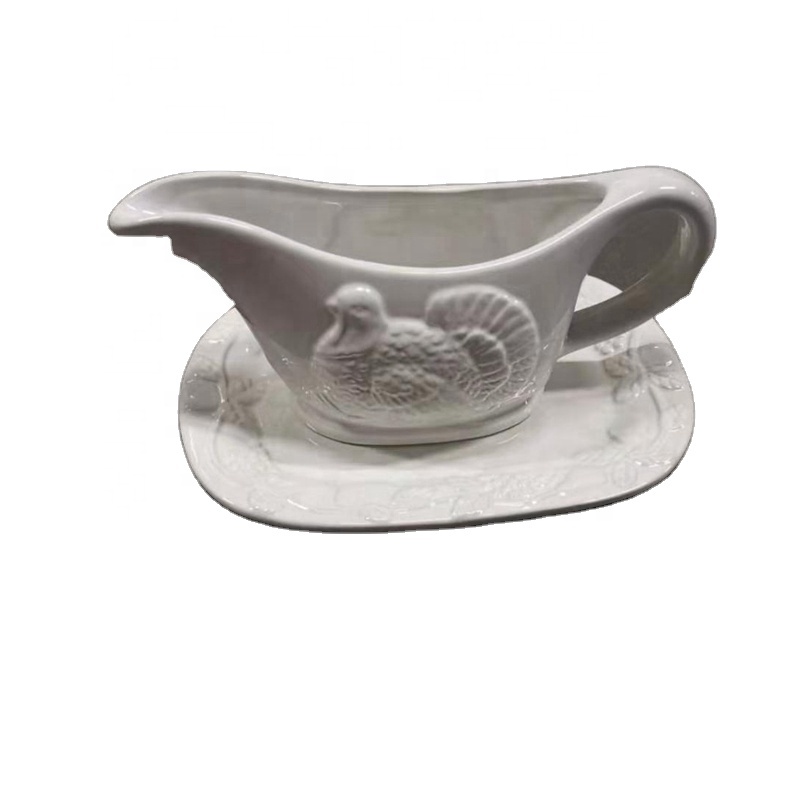 Custom Ceramic turkey embossment gravy boat White