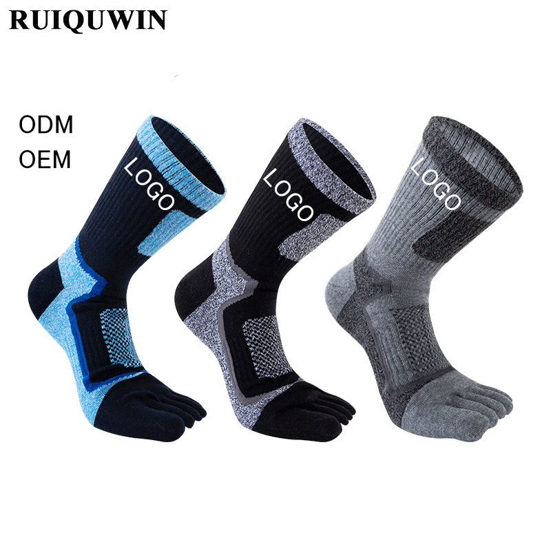 RUIQUWIN Wholesale Outdoor Thick Towel Toe Socks Custom Crew Cushion Sport Socks Soft Hiking Running Five Finger Socks Toes