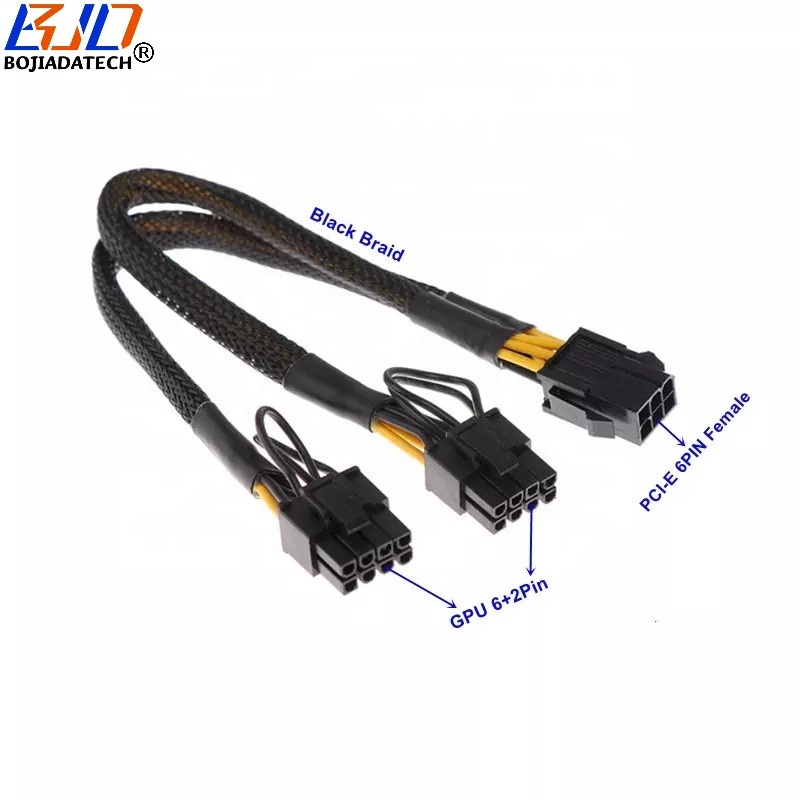 Оптовая Продажа с фабрики PCI-E ATX 6Pin на 2 x Pin для видеокарты 6 + 2Pin GPU сплиттер кабель питания 18AWG 20 см черный рукав