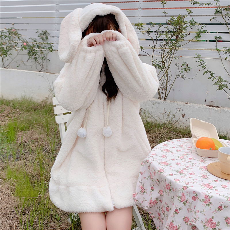 Autumn Kawaii Rabbit Ears Hooded Coats Cute Japanese Girl Warm Women Jacket Fall Winter Sweet Soft Lambswool Ruffle Parkas