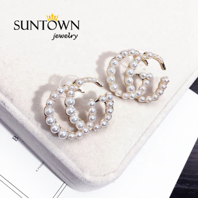 Suntown, новый стиль, уникальные универсальные блестящие жемчужные серьги, модные трендовые серьги с буквами, GG серьги, круглые ювелирные изделия
