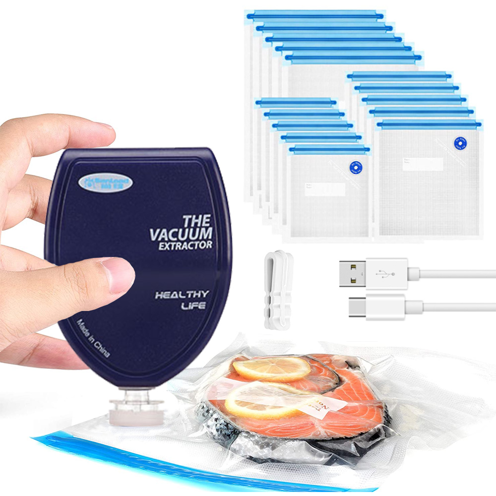 Portable Handheld Vacuum Machine Sealing Set Kitchen Vacuum Bags 15Pcs Food Storage Plastic Bag Vacuum Sealer