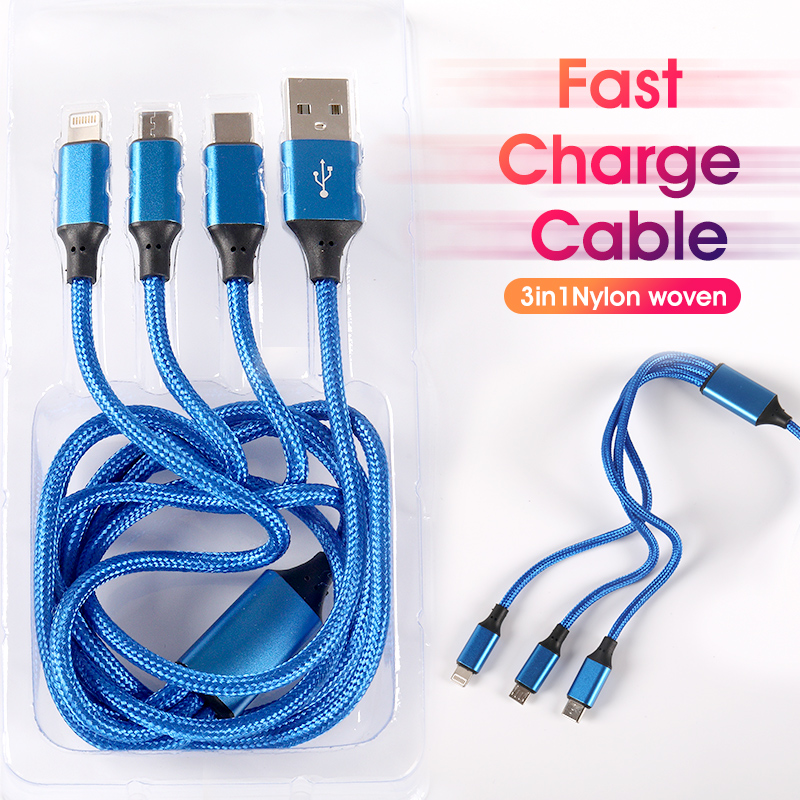micro usb Mobile phone apple 3 in 1 type c 3a fast charging cable to lightning nylon braided for iphone