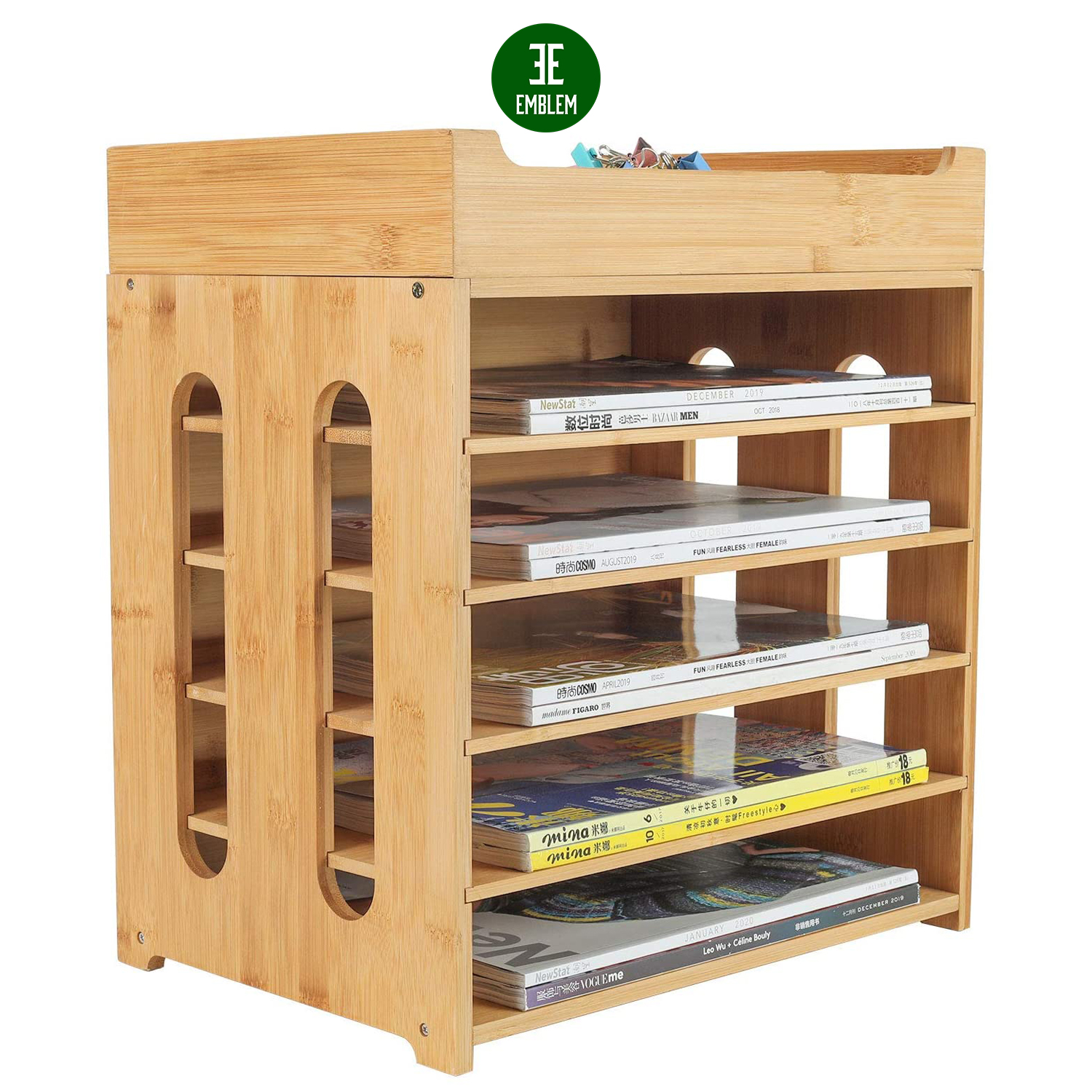 Natural Bamboo 5 Tier File Organizer with Removable Top Tray Paper Desktop Letter File Sorter, Original