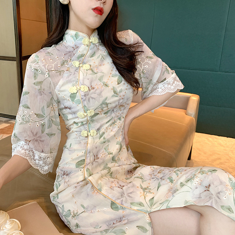 2021 новый cheongsam молодая девушка с высокой талией в китайском стиле Улучшенная шифоновое платье для весны
