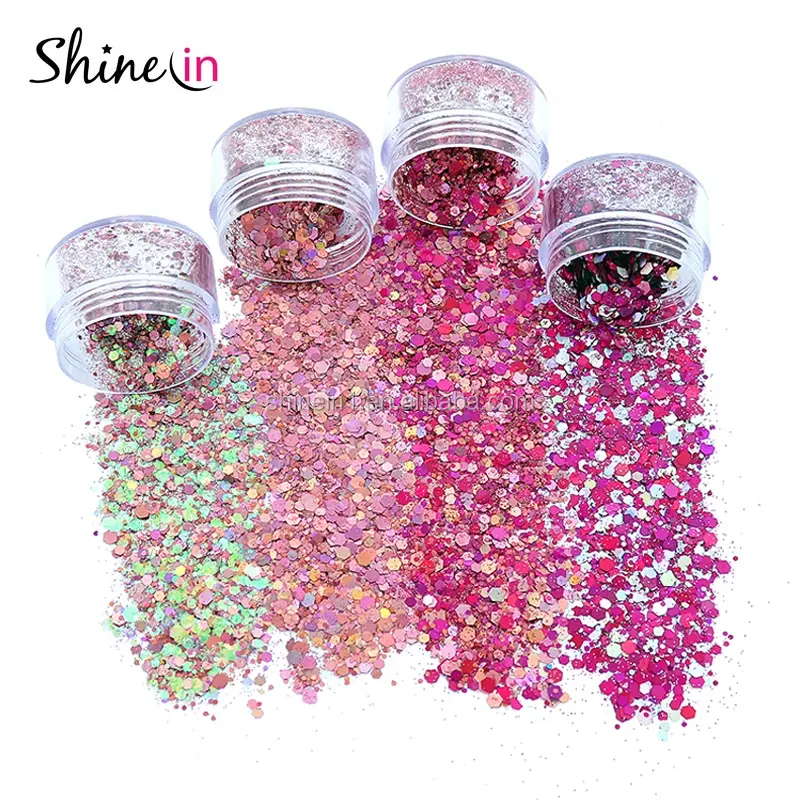 Shinein Popular Pink Body Face Eye Glitter Chunky Mixed Cosmetic Glitters in Glitter Jar for Costume Party Makeup