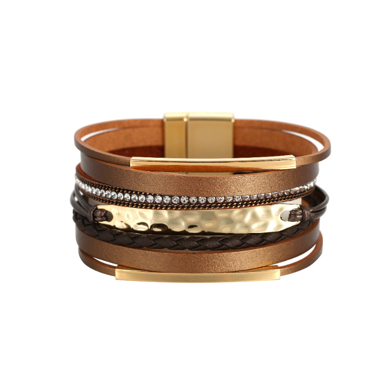 Personalized Women Magnetic Clasp Metal Charm Leather Bracelets Hot Multi Layered Rhinestone Crystal Wrap Leather Bracelet