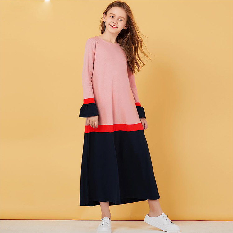 0759 MuslimQLO pink long-sleeved round neck multicolor stitching casual children's dress kids muslimabayas girls muslim children