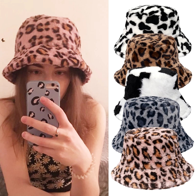 Winter Cow Leopard Fuzzy Fur Fluffy Bucket Hats Women Outdoor Warm Sun Cap Soft Velvet Furry Fisherman Cap Girl Fashion Panama