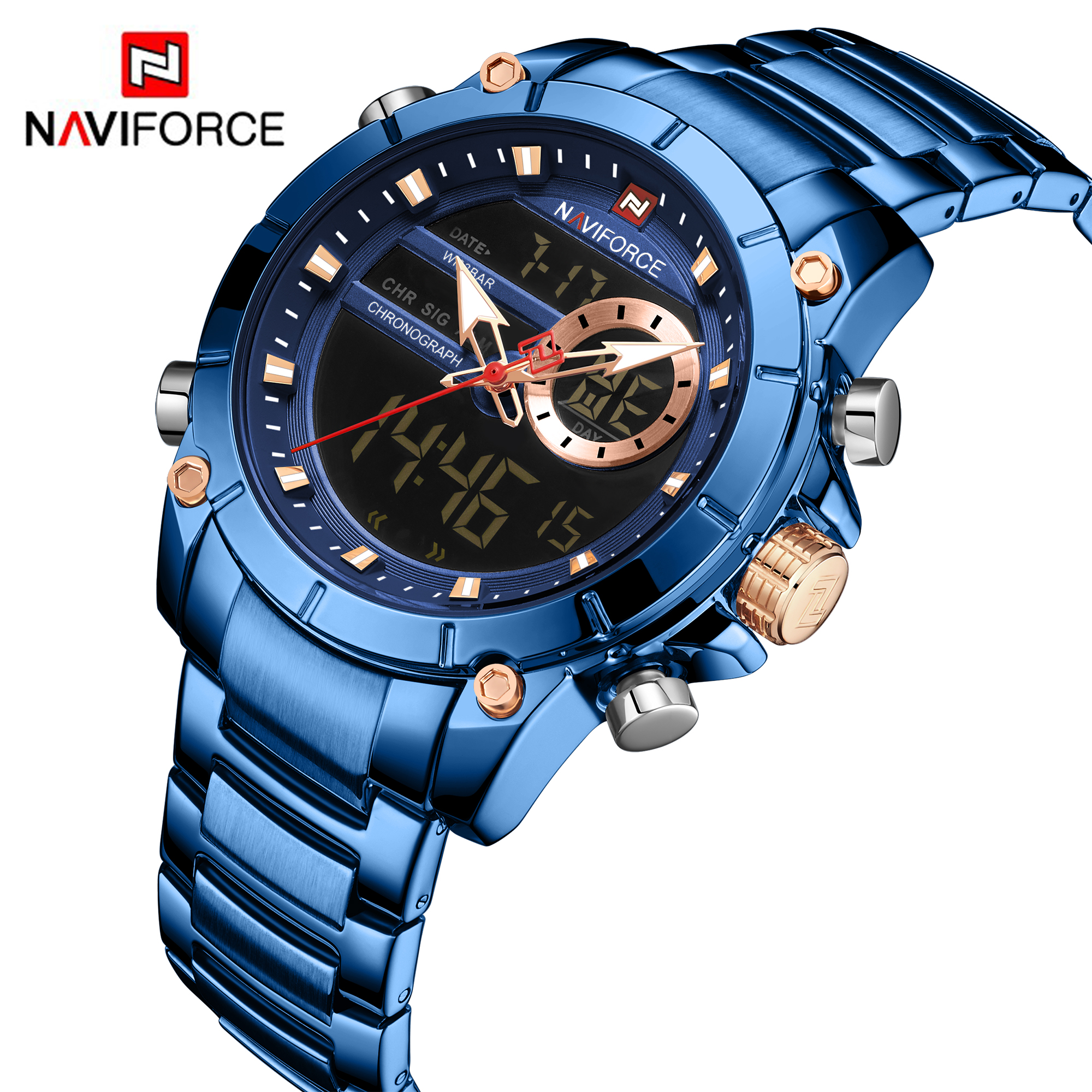 NAVIFORCE 9163 синий спортивные мужские часы Топ Роскошные брендовые кварцевые наручные часы для мужчин водонепроницаемый двойной дисплей часы с датой