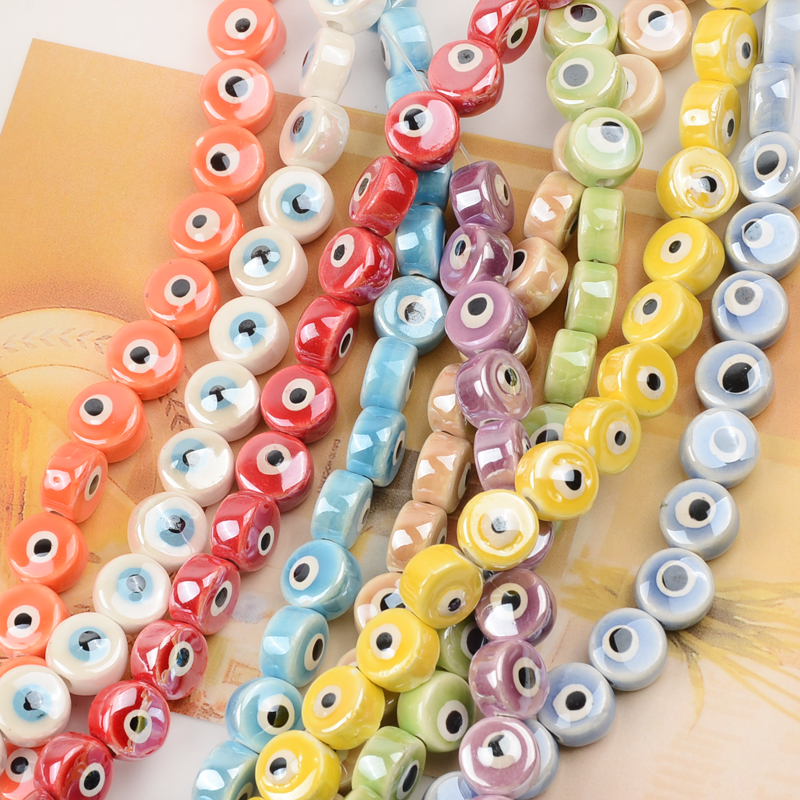 Wholesale 8mm 10mm ceramic bead pendant for jewelry making Diy bracelet double-sided evil eye