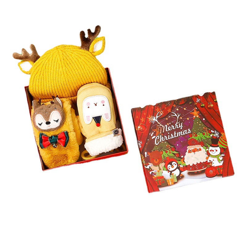 Youki Christmas Gift winter warm soft boy and girls kids cute Santa Claus elk gloves hat and scarf set