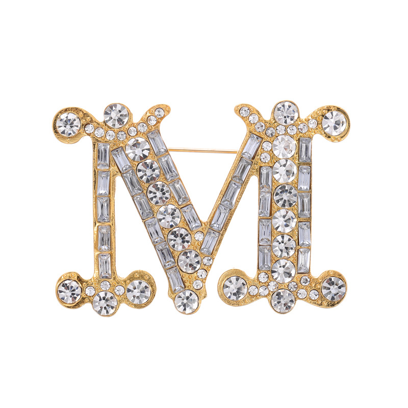 Wholesale women luxury letter M initial brooches cute monogram brooch with crystals