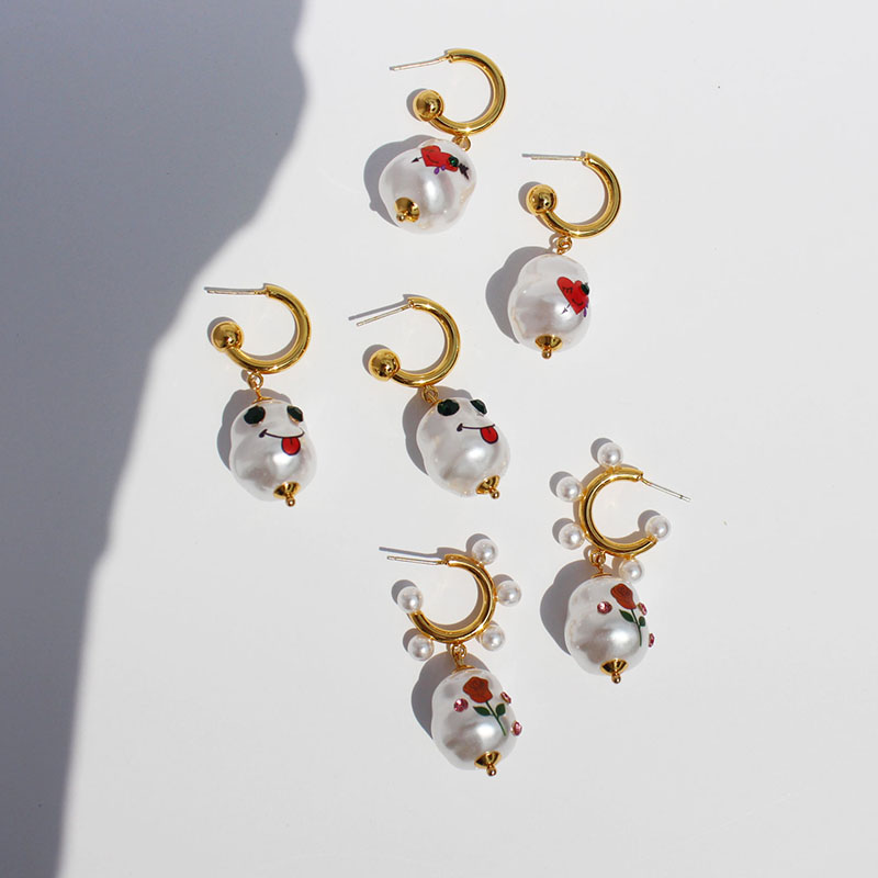 European and American ins rose smiley love drop pearl earrings temperament fashion sense diamond 925 silver needle earrings 328