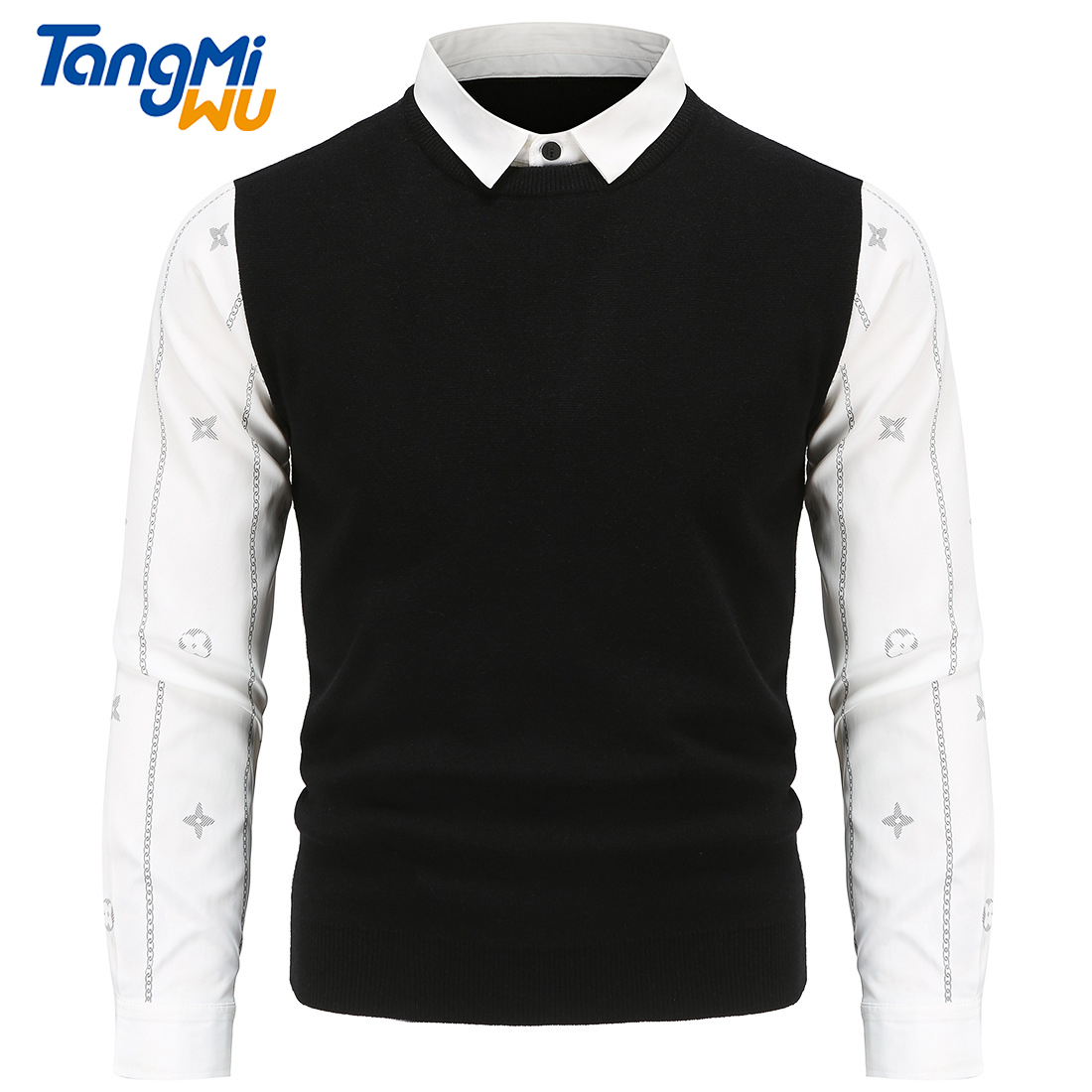 TMW high quality 2021 mens sweaters pullover Shirt collar pull homme men cotton slim print shirt knitting crew neck sweaters