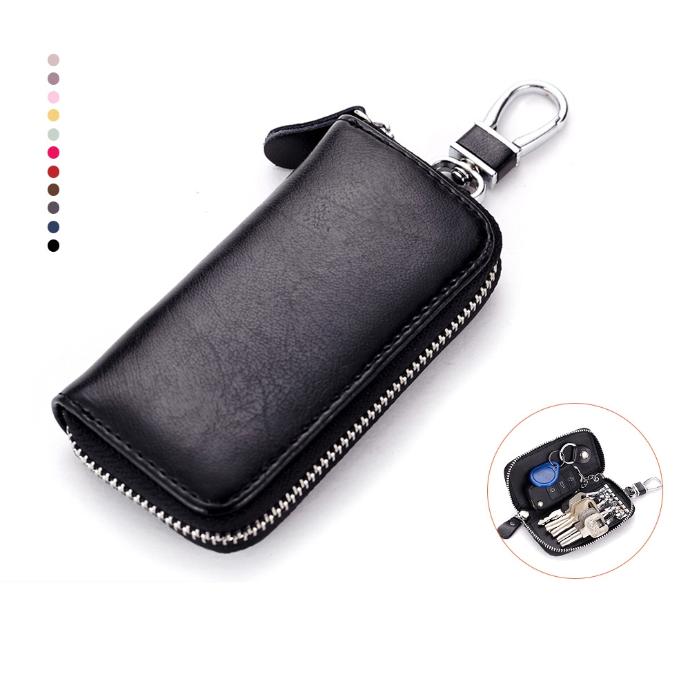 Car Key case Genuine Leather Key Wallet Case Car Smart Key Chain Keychain Holder Metal Hook and Keyring Zipper Bag