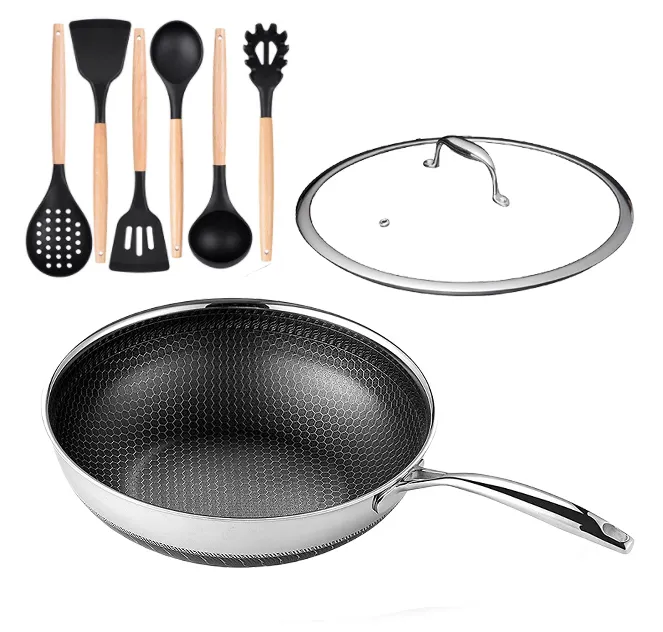 304 Large Non-Stick Wok Pan With Lid Kitchen Stainless Steel  Deep Pan Wok And 6PCS Cookware Accessories Silicone Utensils Set