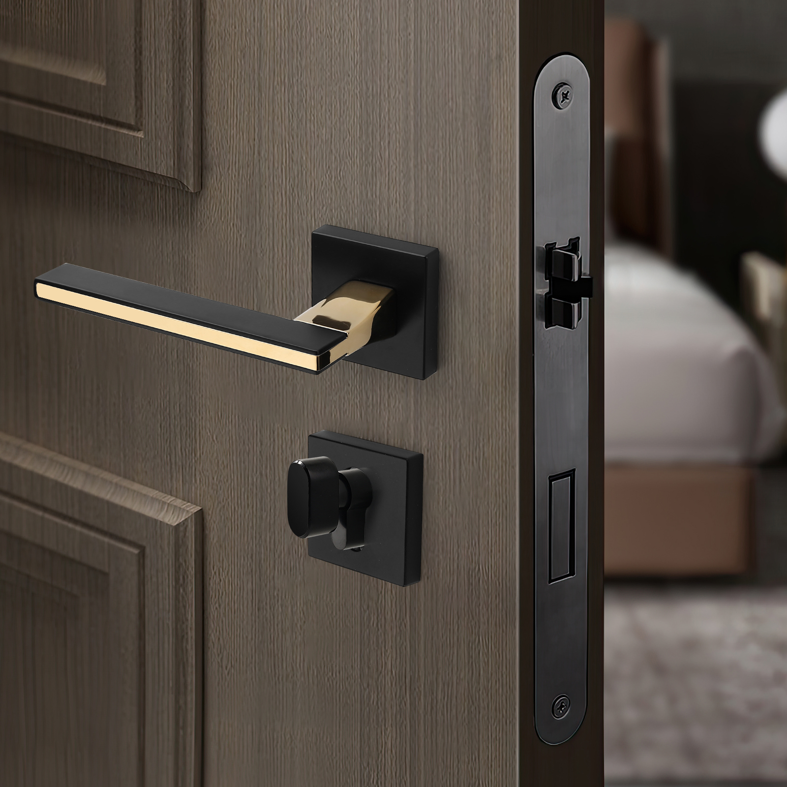 Square Door Handle Euro Profile Cylinder Escutcheon Contemporary Matte Black Door Handle Lock Set