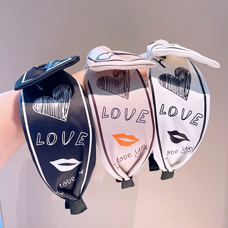 Wholesale Vintage Silk Satin Headband Love Printing Letter Pattern Bow Headband Women Hair Accessories