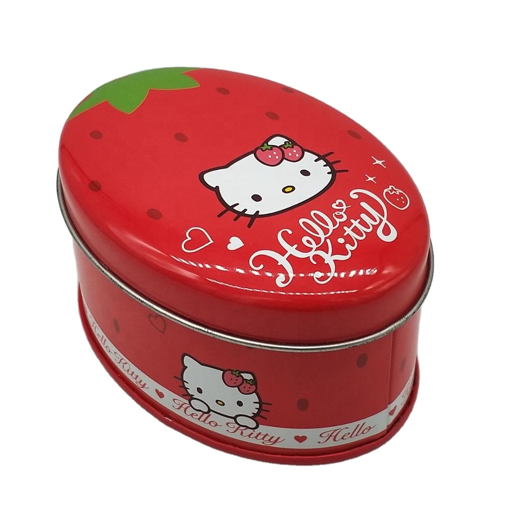 Жестяная коробка с рисунком Hello Kitty, маленькая красная овальная жестяная банка в форме клубники для детских конфет