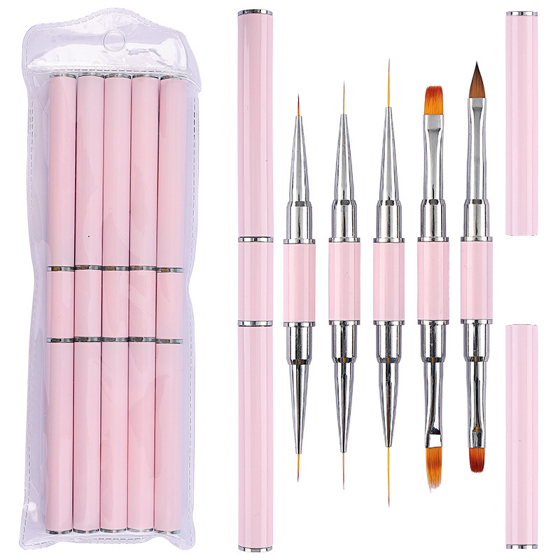 5pcs Pink Metal Double End Nail Art Brushes Oval Flat 3D Ombre Liner Brush Nail Art Nail Brush Set