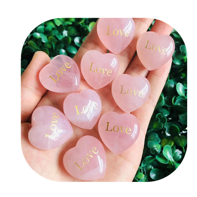 New arrivals carved love crystal crafts natural pink rose quartz heart shaped stone with love runes for gift