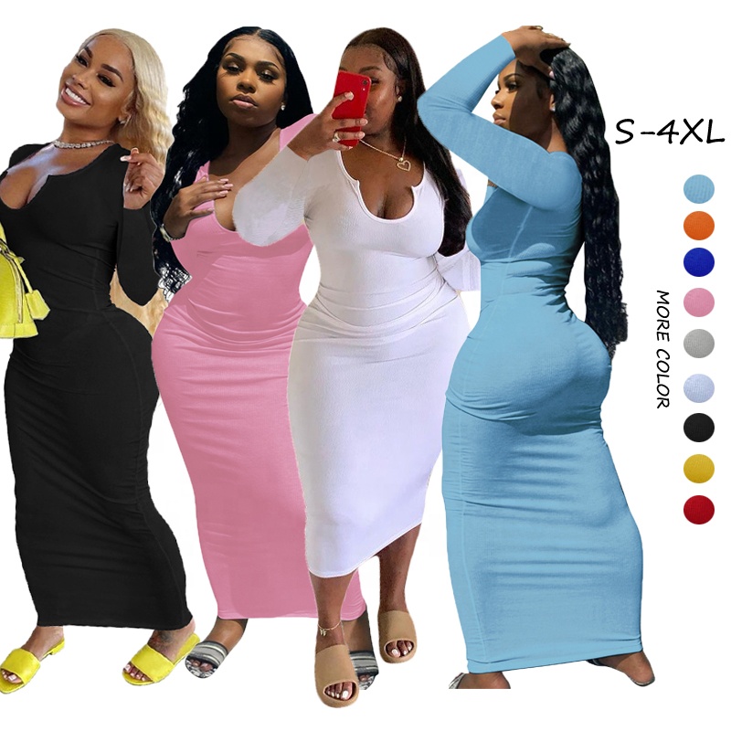 2021 Fall Rib Knit Long Sleeve Bodycon Tight Pencil Maxi Plus Size Dresses Women Casual Dress