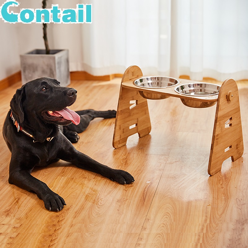 2021 New Pet Bowls Adjustable Height Bamboo Frame Stainless Steel Dog food water Bowl