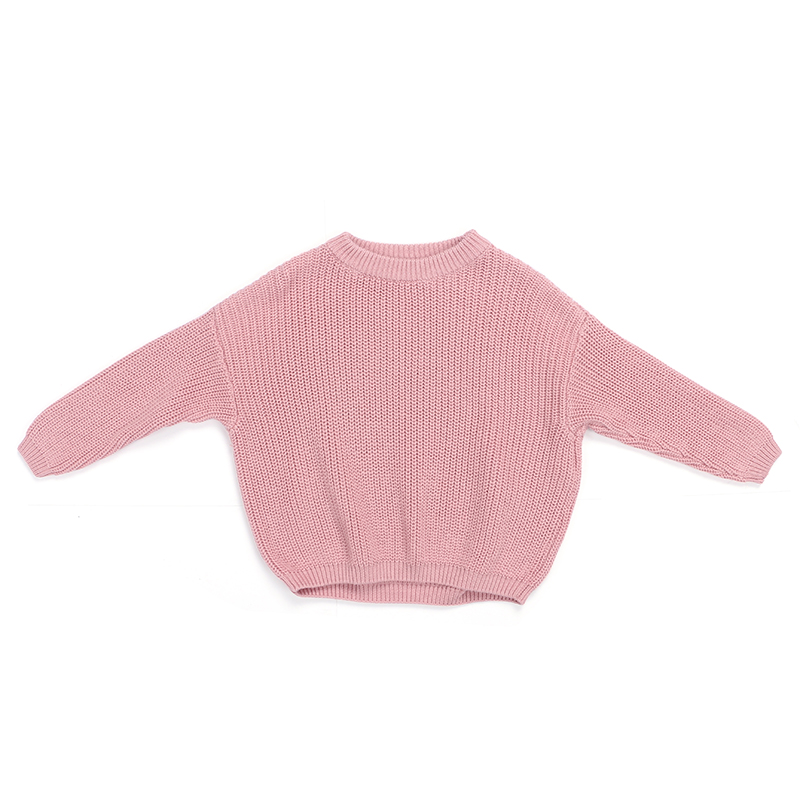 Free Shipping Autumn Cotton Chunky Mom and Me Solid Color Pink Round Neck Long Sleeve Sweaters