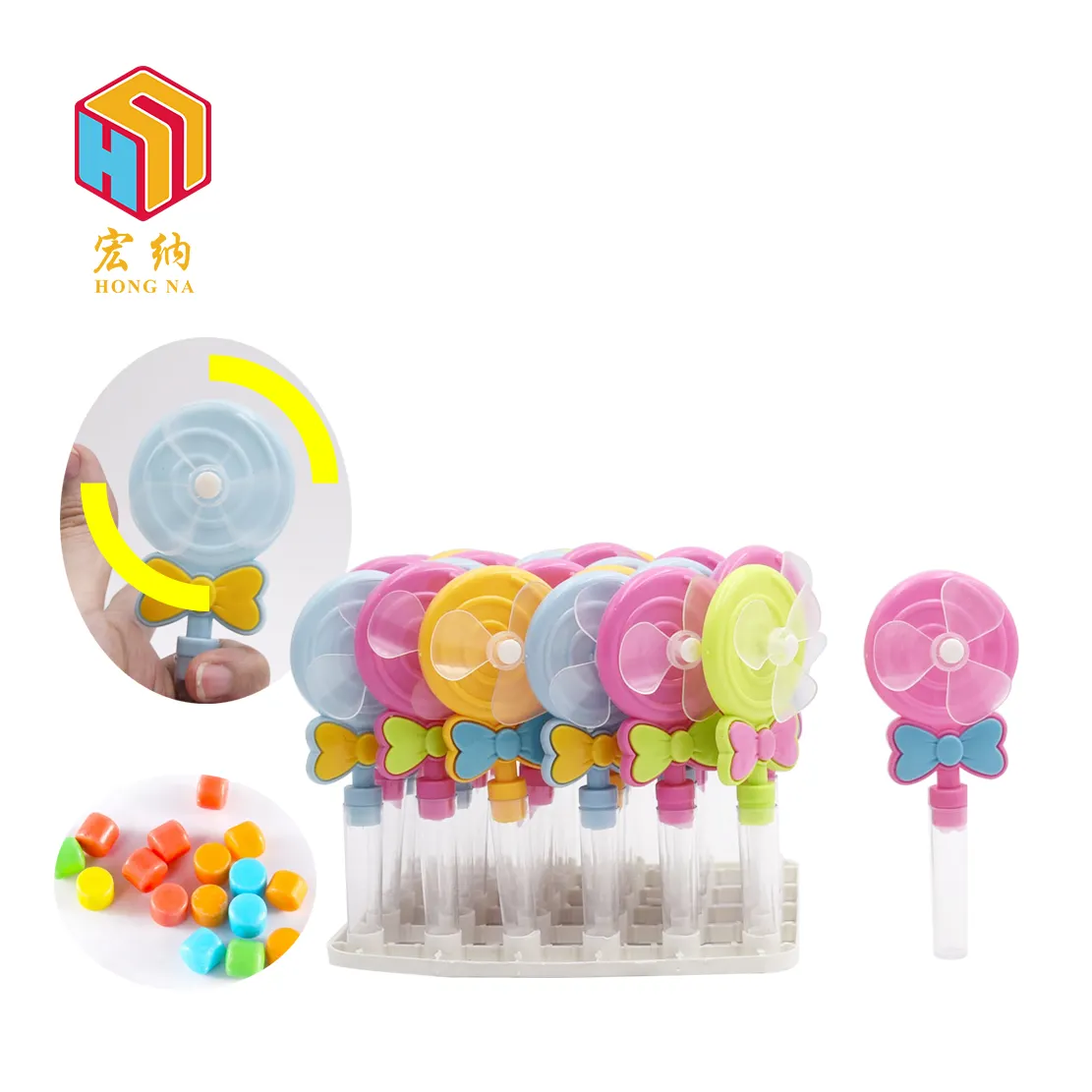 newest design kids lollipop shape plastic 2 in 1 candy handheld windmill toy