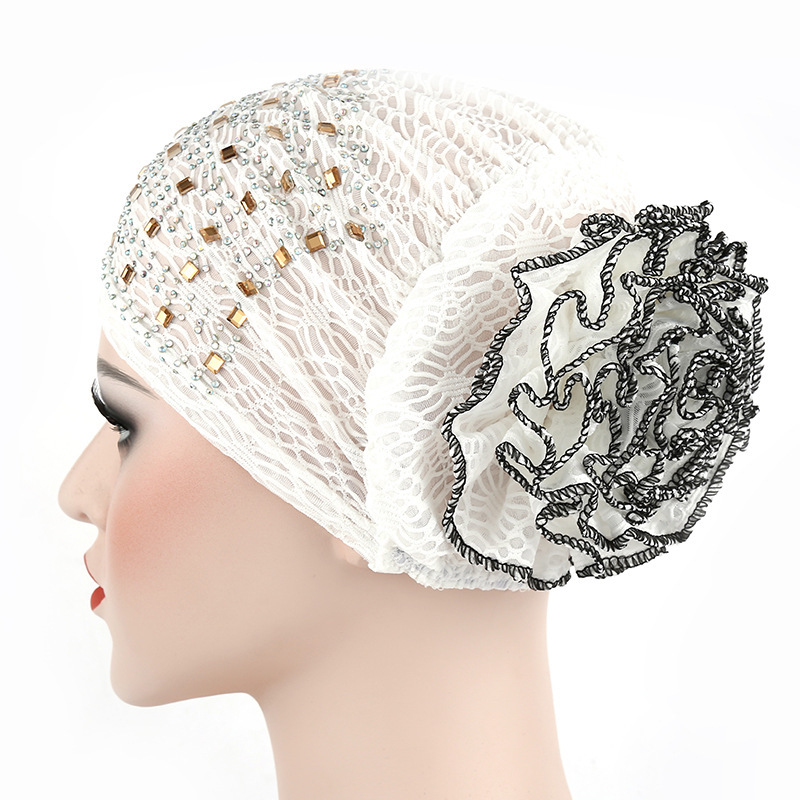 Wholesale Multicolor Hot Drilling Coil Flower Hat Muslim Turban Cap New Style Ladies Hole Pleated Knitted Caps
