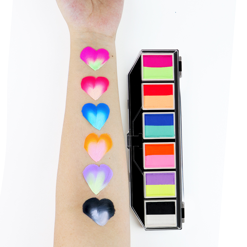 GP Private Logo Vegan Cosmetic Water Based UV Glow In Dark Color Face Paint Kit Split Rainbow Neon face Body Paint Palette