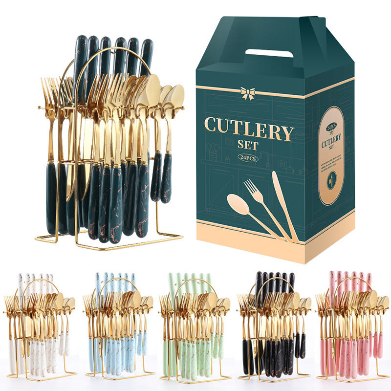 Factory Direct 24-Piece Ceramic Handle Marbling Gilded Flatware,24 Pcs Stainless Steel Cutlery Set