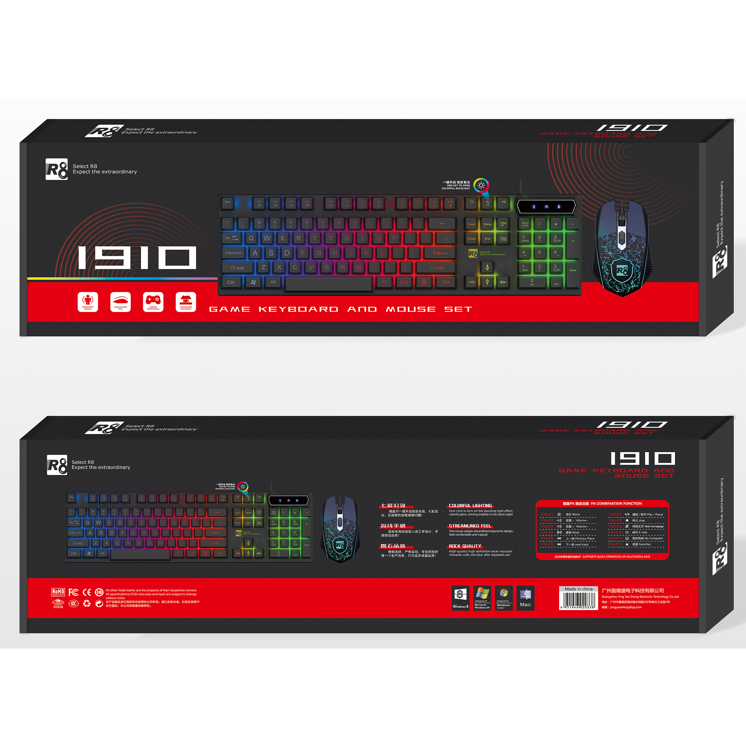 R8 OEM USB водонепроницаемый RGB проводной игровой компьютер со светодиодной клавиатурой и мышью