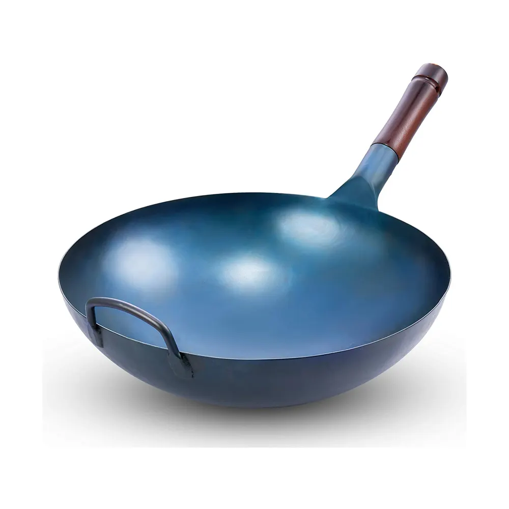 Flat Bottom Wok Pan 13.5" Blue Carbon Steel Wok Preseasoned Carbon Steel Skillet Traditional Cookware Wok