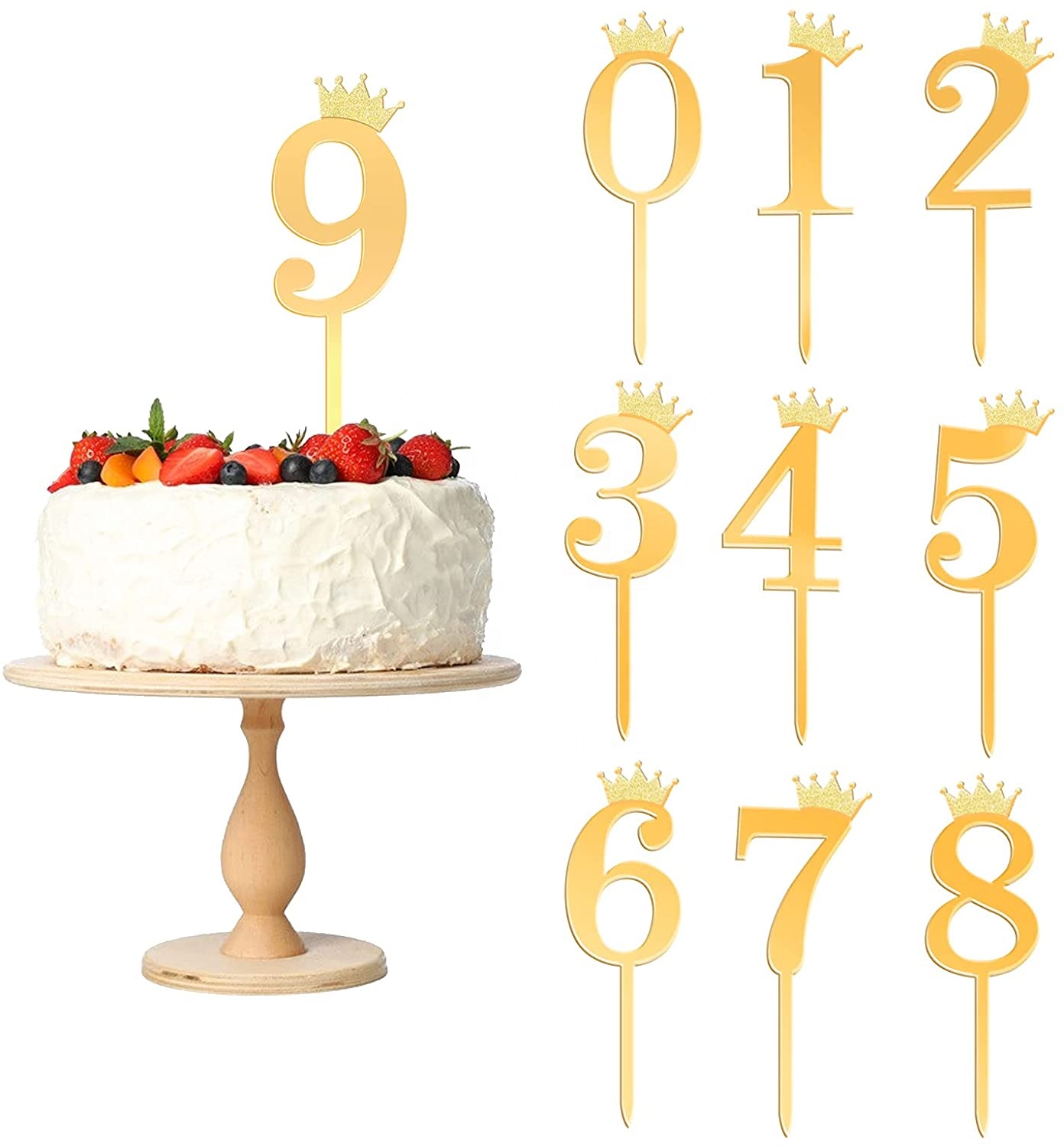 2021 Acrylic Numbers cake topper number 0-9 Crown Cake Topper gold and silver glitter birthday cupcake topper