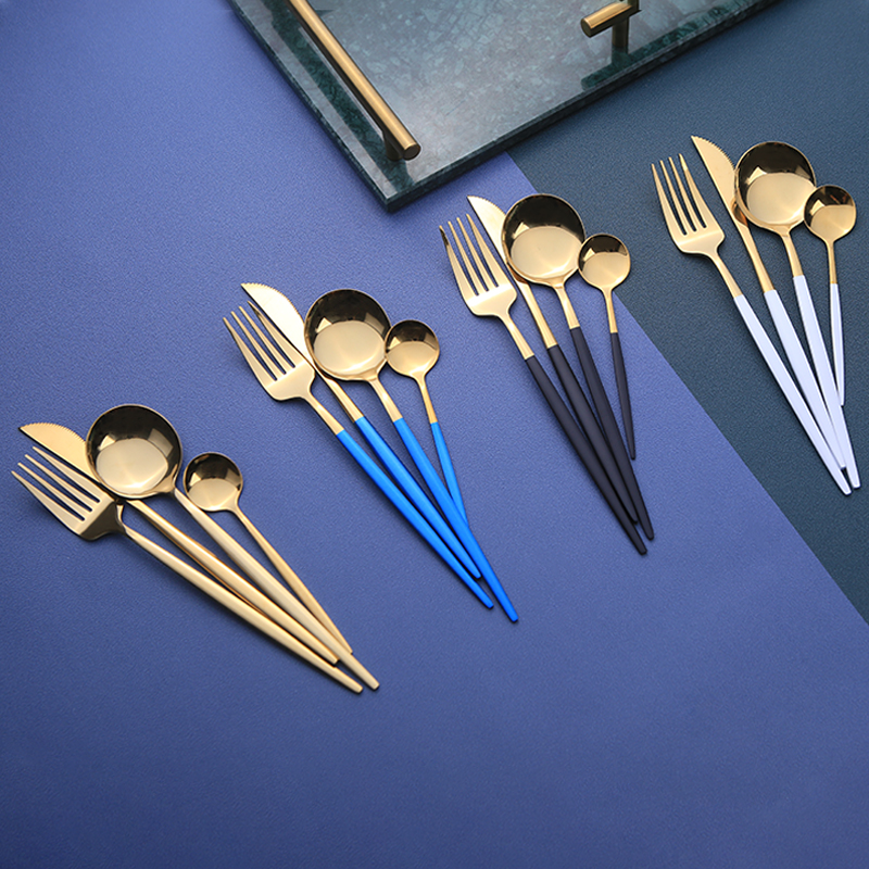 Wholesale Stainless Steel Gold Cutlery set Flatware Set spoons set PVD Titanium plated gold spoons gold flatware couverts