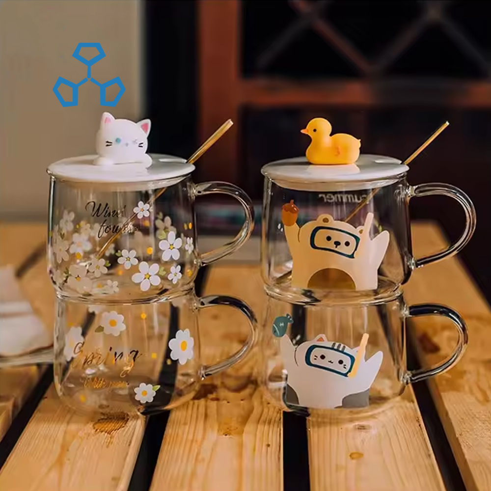 High Borosilicate Single Wall Transparent Glass Hot Milk Coffee Cups With Handle Cute Silicone Lid Spoon