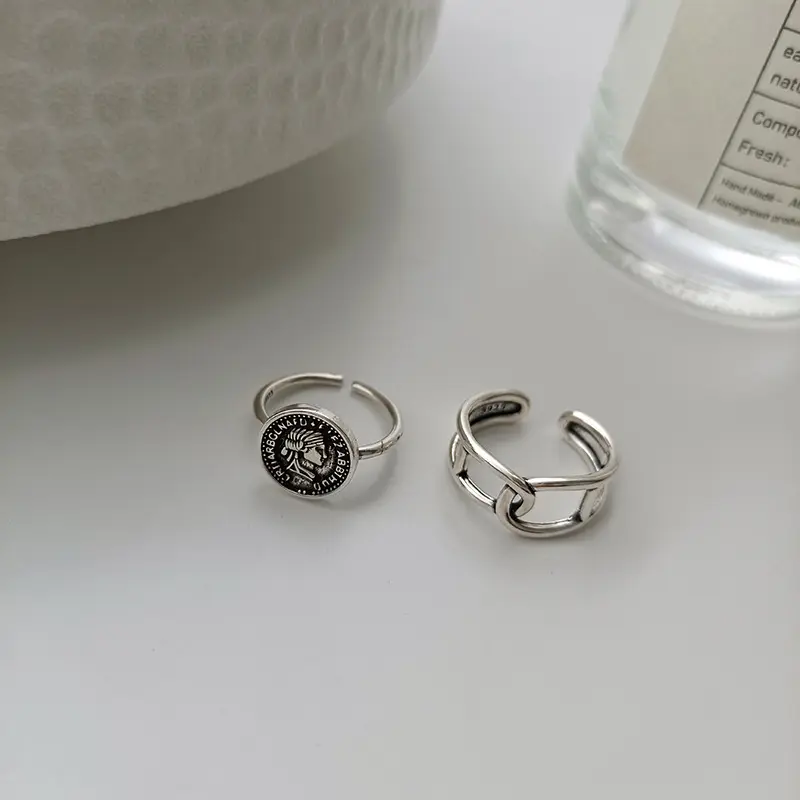 S925 Sterling Silver Resizable Retro Lettering Jewelry Women Geometric Person Avatar Coin Goth Adjustable Rings